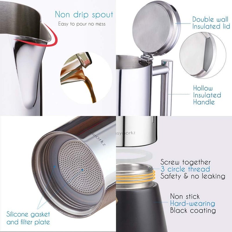 Easyworkz Diego Stovetop Espresso Maker Stainless Steel Italian Coffee Machine Maker 12Cup 17.5 oz Induction Moka Pot - Image 4